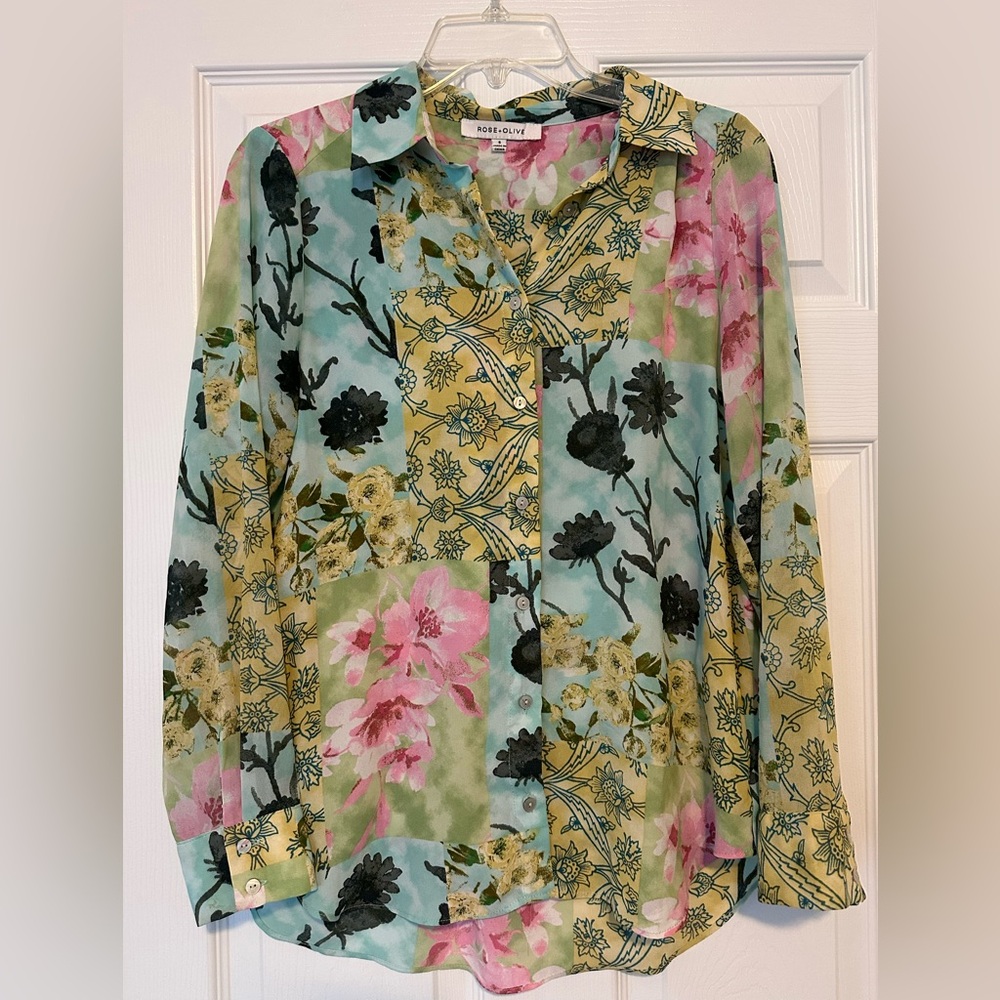 Rose & Olive Multicolor Floral Patchwork Button-Up Blouse